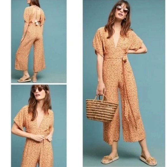 Faithfull The Brand Plunge Orange Floral Jumpsuit Boho Cottagecore Size 4 - Picture 1 of 10